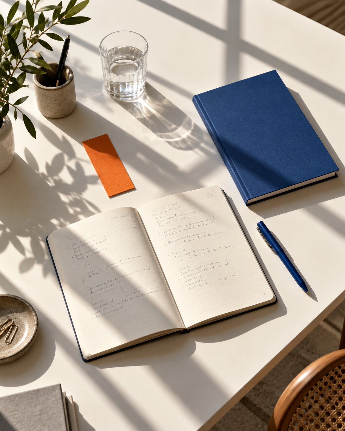 An open notebook, a blue workbook and a pen on a sunny desk